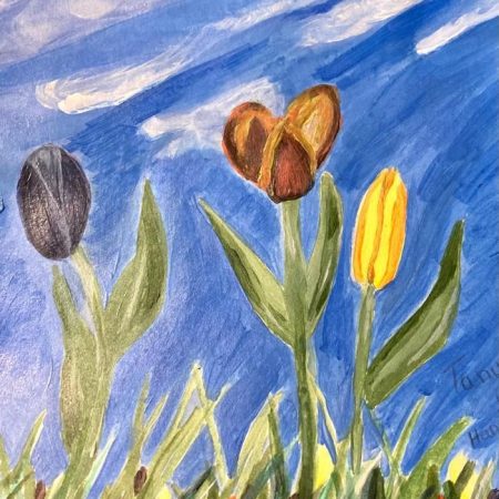 art, painting, tulips, blue sky