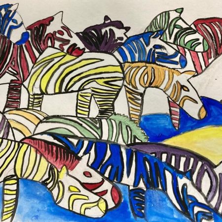 art, painting, multicolour zebras